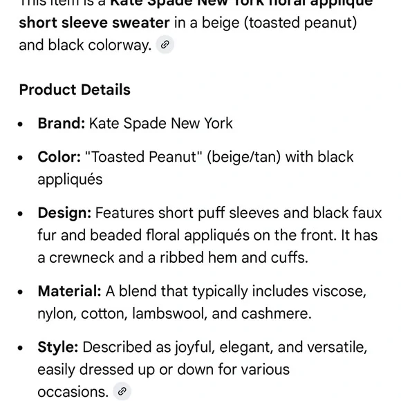 NWOT kate spade Tan Sweater with Black Floral Accents - Picture 6 of 6